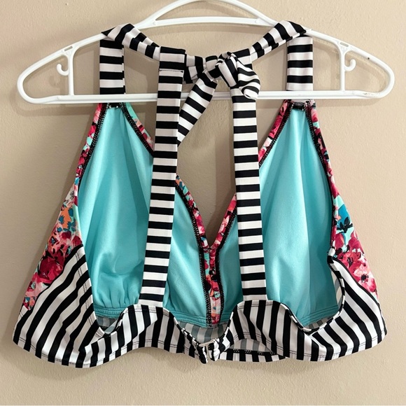 George Pink & Aqua Floral w Striped Band Plus Size Bikini Top - Picture 6 of 9